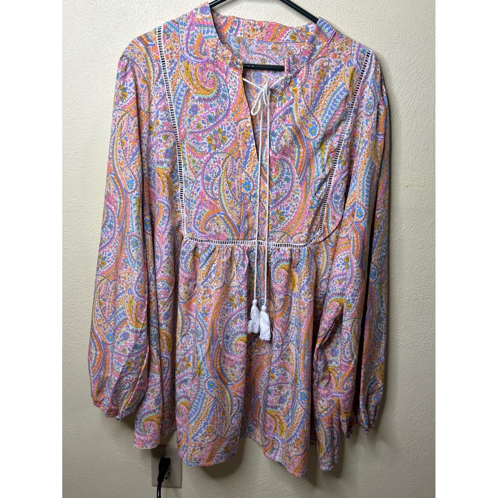 SHEIN Curve Paisley Print Tassel Tie Blouse Pink Orange Blue Boho Top 4XL